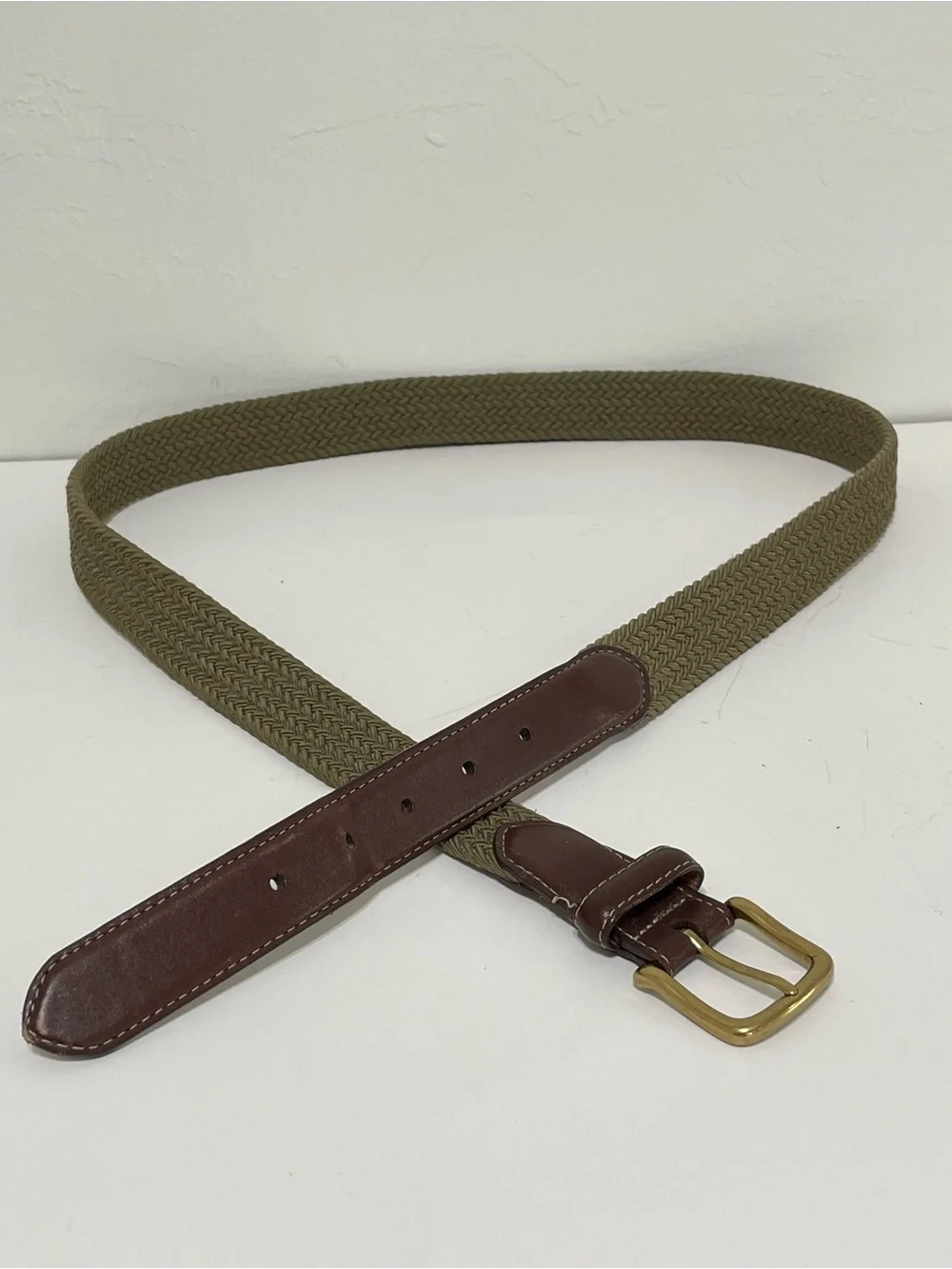 VTG Lands End Olive Green Stretch Belt Leather Trim Solid Brass Buckle Size 44